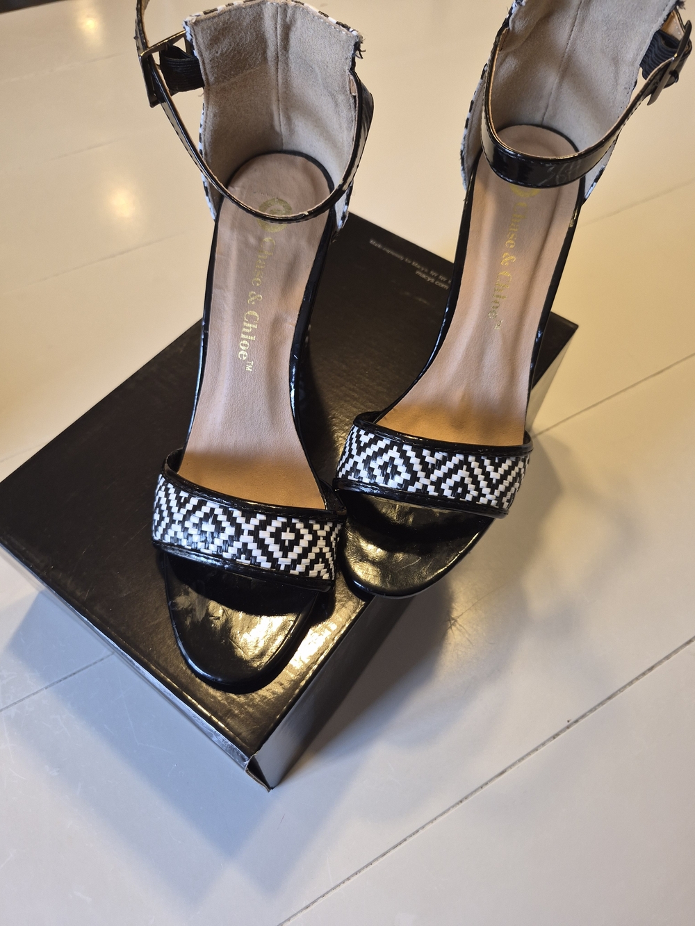 Chase + Chloe Black and White Geometric Beaded Ankle-Strap Heels